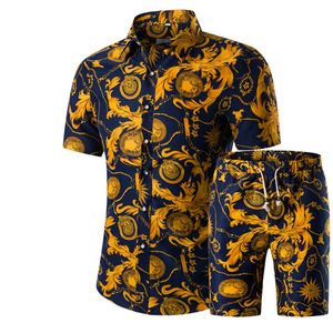 Мужские рубашки + шорты комплект новая летняя повседневная гавайская рубашка с принтом Homme короткое мужское платье с принтом костюм комплекты плюс размер