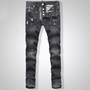 Top Men's New Biker Oil Printed Jeans Classic Mens Fashion High Quality Skinny Patchwork Denim för D2Jeans Man1467