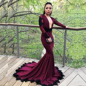 Long Sleeves Sexy Evening Dress Deep Plunge Neckline Appliques Mermaid Formal Prom Dresses 2017 New Cheap Satin Summer Holiday Party Dress