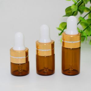 1ml 2ml 3ml Brown Glass Bottles with Dropper For Essential Oil Mini Display Vials with Gold Black Caps