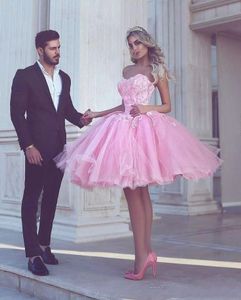 2016 Cheap New Cocktail Dresses Sweetheart Arabic Pink Tulle Lace Appliques Ball Gown Short Mini Party Graduation Homecoming Gowns