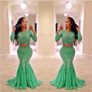 Lime Green Lace Two Pieces Prom Dresses 2017 Long Sleeves Mermaid Evening Dress African Plus Size Black Girls Formal Party Gowns
