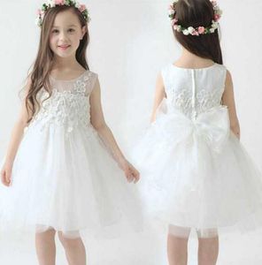 Vit Tutu Sheer Neck Flower Girl Dresses A Line Covered Zipper Gowns Te Längd Tulle Girl Kids Pageant Dress