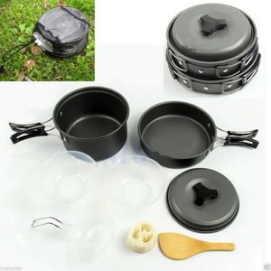 Onfine neue arrivel 8pcs Outdoor Camping Wandern Kochgeschirr Backpacking Kochen Picknick Schüssel Topf Pan Set (2 ~ 3 Personen) Großhandel