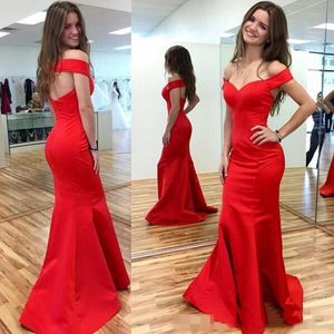 Red Sexy Evening Dresses Modest Off Shoulder Mermaid Style Prom Dresses Back Zipper Sweep Train Custom Made Simple Formal Occasion Gowns