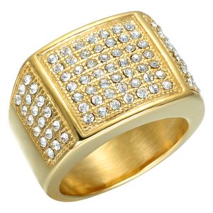 Hip Hop Full Micro Pave Rhinestone Iced Out Bling Bling Square Ring IP Gold Color Titanium Stainless Steel Rings for Men