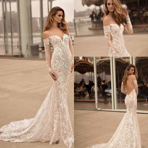 Długie rękawy z ramion sukien ślubna Berta Bridal Sweet Dekolt Elegancki seksowna otwarta LCE LCE Applique Suknia ślubna