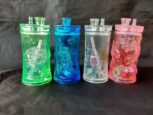 Fyra färg Dragon Painting Hookah Glas Bongs Tillbehör, Vattenrör Glas Bongs Hooakahs Två funktioner för oljeplattor Glas Bongs