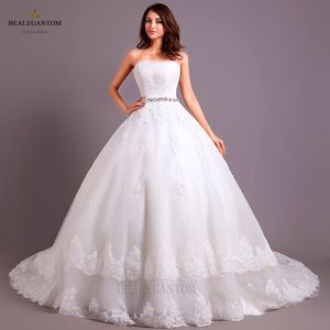 2017 Ny riktigt foto Vit Lace Ball Gown Bröllopsklänningar Organza Appliques Beaded Billiga Vintage Plus Storlek Bröllopklänningar BM27