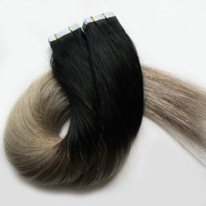 Ombre tape in human hair extensions brazilian 1B/silver gray hair extensions 100g 40pcs Straight Skin Weft 7a grey tape hair extensions