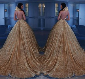 Złote Cekinowe Shinning Prom Dresses 2k17-2018 Sexy Głębokie V Neck Backless Suknie Wieczorowe Court Train Cocktail Party Vestidos Custom Made