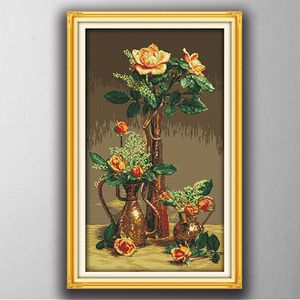 Beautiful flowers Gold Roses home decor painting , Handmade Cross Stitch Embroidery Needlework sets counted print on canvas DMC 14CT /11CT