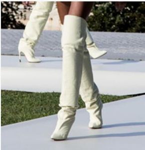 2017 섹시한 여성 무릎 높은 부츠 패션 흰색 긴 부츠 얇은 발 뒤꿈치 포인트 발가락 무릎 높은 부츠를 걸어 복장 신발 드레스