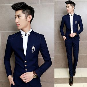 Neue 2 Teile/satz Slim Fit Prom Homme Männer Kostüm Hochzeit Anzüge Klassischen Chinesischen Kragen Party Kleid Anzüge Jungen Jacke mit Hosen