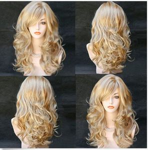 Synthetic Wigs 100% High Quality Fashion Picture Lace Wigs Sexy Women Long Wavy Synthetic Heat Ristant Cos Hair Wig Mix Blonde