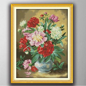 Gorgeous Peony Vase Flower Decor Paintings, Handgjorda Kors Stitch Broderi Needlework Sets Räknat Skriv ut på duk DMC 14ct / 11ct