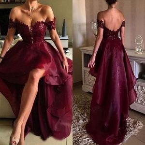 Seksowne 2017 Burgundia Koronki i Organza Wysoka Niski Prom Dresses Tani Off The Shoulder Backless Formalne Party Suknie Custom Made China EN2131