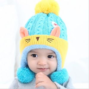 Verdickte warme Wintermütze für Babys, niedliche Katzenmütze, Kinder-Cartoon-Ohrenschützer, Unisex, gebürstete Mütze, modische Skimütze