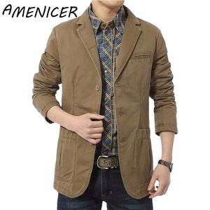 Wholesale- Brand New blazer men Casual Blazer Cotton Denim Parka Men's slim fit Jackets Army Green Khaki Large Size