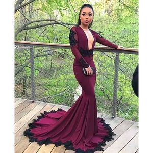 Burgundy Applique Long Sleeve Lace Prom Gownm Mermaid Evening Dress Sweep Train Formal Occasion Wear Custom Made