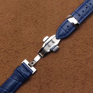 Cowhide Leather WatchBands Watch Strap Silver Silver Stainless Steenless Steel Metal Buttlefly Deployment Blue WatchBands for Men 14 16 18mm2278