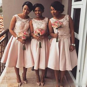 Tea Length Blush Pink Bridesmaid Dresses 2017 African Beach Lace Maid of Honor Gowns Junior Formal Short Wedding Guest Dress