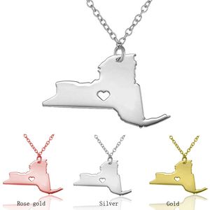 New York Map Stainless Steel Pendant Necklace with Love Heart USA State NY Geography Map Necklaces Jewelry for Women and Men