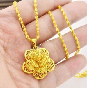 New 2021 Women's Jewelry large 24K Gold Yellow Filled Plated Necklace Flower Pendant Chain Gift