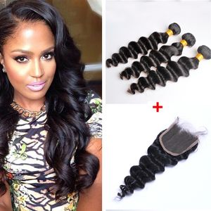 Brazilian Loose Deep Wave Human Virgin Hair Weaves With 4x4 Lace Closure Bleached Knots 100g/pc Natural Color Double Wefts Hair Extensions