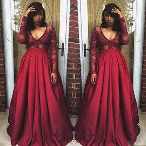 Burgundy Lace Se genom Prom Klänningar 2017 V Neck Sheer Långärmade Satin A Line Evening Gowns Black Girl Cocktail Party Dress