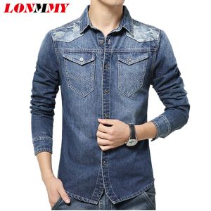 الجملة- lonmmy m-5xl طويلة الأكمام الجينز قميص الرجال الدنيم التمويه camisa memisa رعاة البقر الرجال قميص عارضة الرجال الملابس 2017 جديد وصول