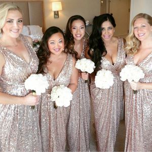 Champagne Deep V Neck Long Bridesmaid Dresses Sparkly Sequins Floor Length Wedding Guest Party Gowns Cheap Custom Made Maid Of Honor Dresses