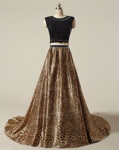 2017 New Sexy Leopard Print Two Piece Crystal Lace Prom Dresses With Beading Sequined Floor Length Evening Long Formal Party Gown BP03