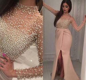 Evening Dresses Wear Arabic Islamic High Neck Long Sleeves Crystal Pearls Mermaid Front Split Formal Dubai Abaya Party Dress Prom Gowns 403