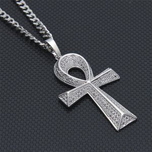 Iced Out Zircon Ankh Key Pendant Golden Jewelry CZ Cross Egyptian Key of Life Pendant Hip hop Necklace For Men Women