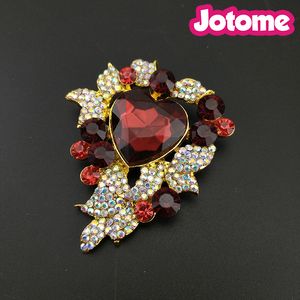 Spille a foglia con cuore a forma di fiore tono oro 13 pz/lotto per donna Spilla con spilla in cristallo AB con strass rosso