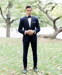Wholesale custom wedding tuxedos for sale - Group buy New Dark Navy Mens Suits Slim Fit Peaked Lapel Groom Wedding Tuxedos Cheap Two Pieces Custom Suit Jacket Pants Bow Tie