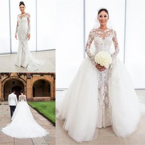 Abiti da sposa a sirena in pizzo retrò con gonna oversize in tulle 2017 primavera estate maniche lunghe treno staccabile abiti da sposa vestidos