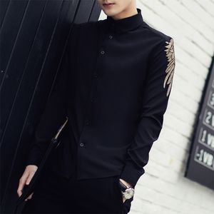 Großhandel - Chemise Homme 2016 New Spring Solid Langarm gesticktes Hemd Männer Korean Fashion Slim Fit Casual Men Shirt Schwarz Weiß 3XL-M