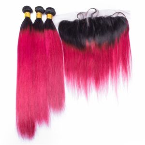 8aマレーシアのオムレのローズレッドバージンの髪の束とレースの前の正面閉鎖1b赤いオンビュアストレート人間の髪の毛織り