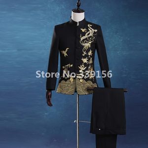 Atacado- Chinês Túnica Gola Preto Suits Homens Festival Tradicional Mandarim Bordado TuxeDos Trajes de Estágio Masculino (Casaco + Calças)