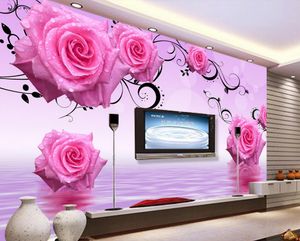 Wysokiej Jakości Dostosuj Rozmiar Nowoczesne Różowe Róże Wody TV Dekoracja Ścienna Malarstwo Tapety na ściany 3 D na salon