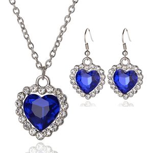 Austriacki Crystal Serce Ocean Biżuteria Zestawy Białe Dżetów Blue Gemstone Naszyjniki i Zestaw Kolczyki Dla WomenLadies Moda Akcesoria