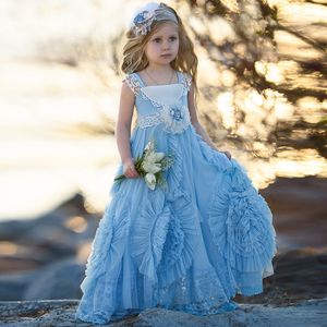 Las muchachas de flor azules claras del vintage se visten con el vestido reunido del concurso del cordón del diseño del giro del cuello cuadrado reunieron para las muchachas 2017 vestidos encantadores del cumpleaños del bebé