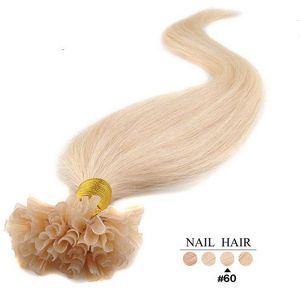 Nail Tips Brasilianska Virgin Human Hair Extensions 1g / Strand 100s / Pack Blond Färg # 60 Bleach U Sap Stick Tip Hårförlängning