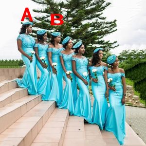 Turquoise 2 Syle Mermaid Long Bridesmaid Dresses Jewel Off Shoulder Prom Dresses With Applique Back Zipper Sweep Train Custom Evening Gowns