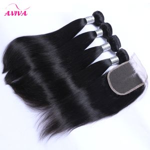 5Pcs Lot Grade 8A Unprocessed Brazilian Virgin Hair Straight With Closure 4 Bundles Hair And 4*4 Lace Closure Human Hair Weaves With Closure