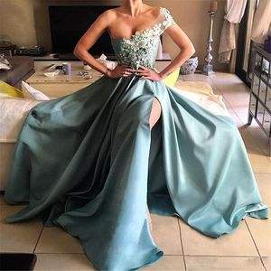 Sexy One Ramię Koronki Prom Dresses 3D Kwiatowe Appliqued Perły Side Split Formalne Suknie Wieczorowe Vintage Satin Party Dress