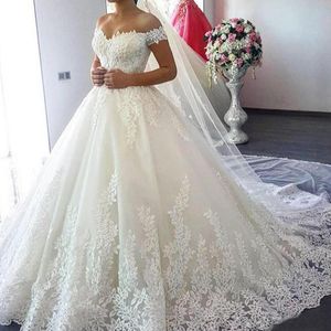 Luxury Vintage Lace Applique Cathedral Train A Line Wedding Dresses Dubai Arabic Off Shoulder Princess Modest Bridal Dress Custom Made