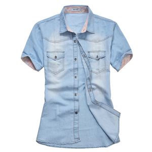 Wholesale- Men Denim Shirts Short Sleeve Slim Fit Casual Mens Cowboy Shirts Fashion Summer Camisa Jeans Masculina Plus Size